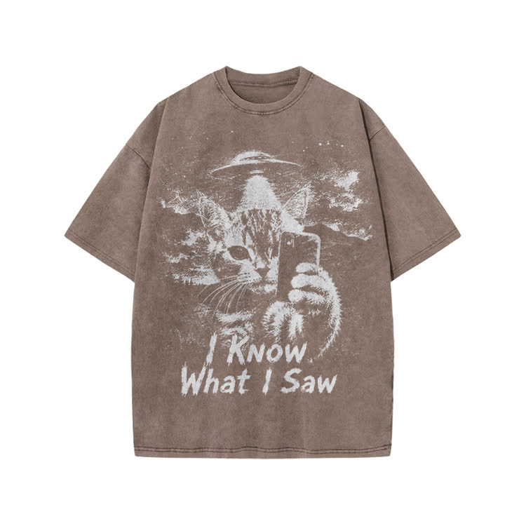 I Know What I Saw Cat Print Washed T-Shirt