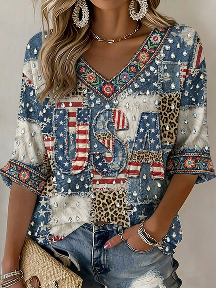 Women's Retro Usa Independence Day Leopard Print Patchwork Casual T-shirt