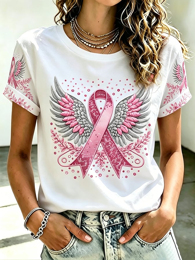Women's Retro Flower Breast Cancer Awareness Printed T-Shirt