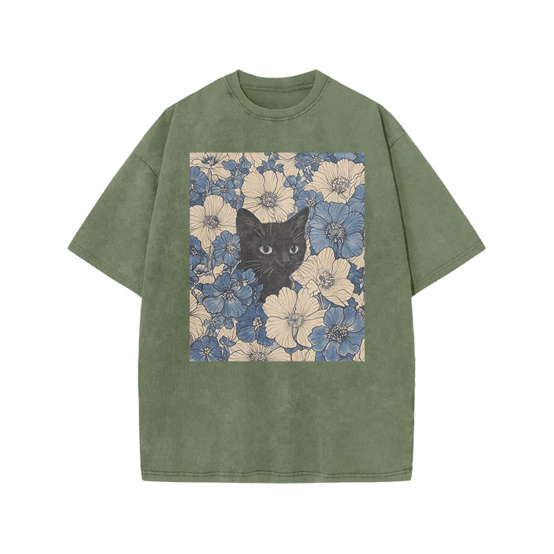 Black Cat In A Patchwork Flower Field Front Print Acid Washed T-shirt