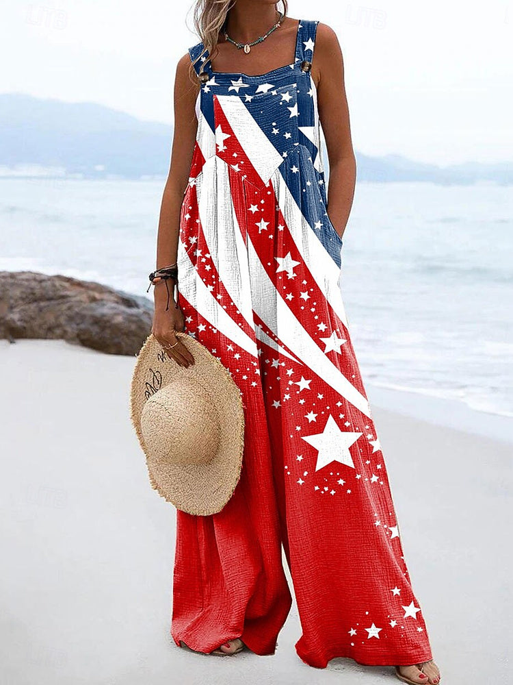 Women's Floral Independence Day Flag Art Print Jumpsuit