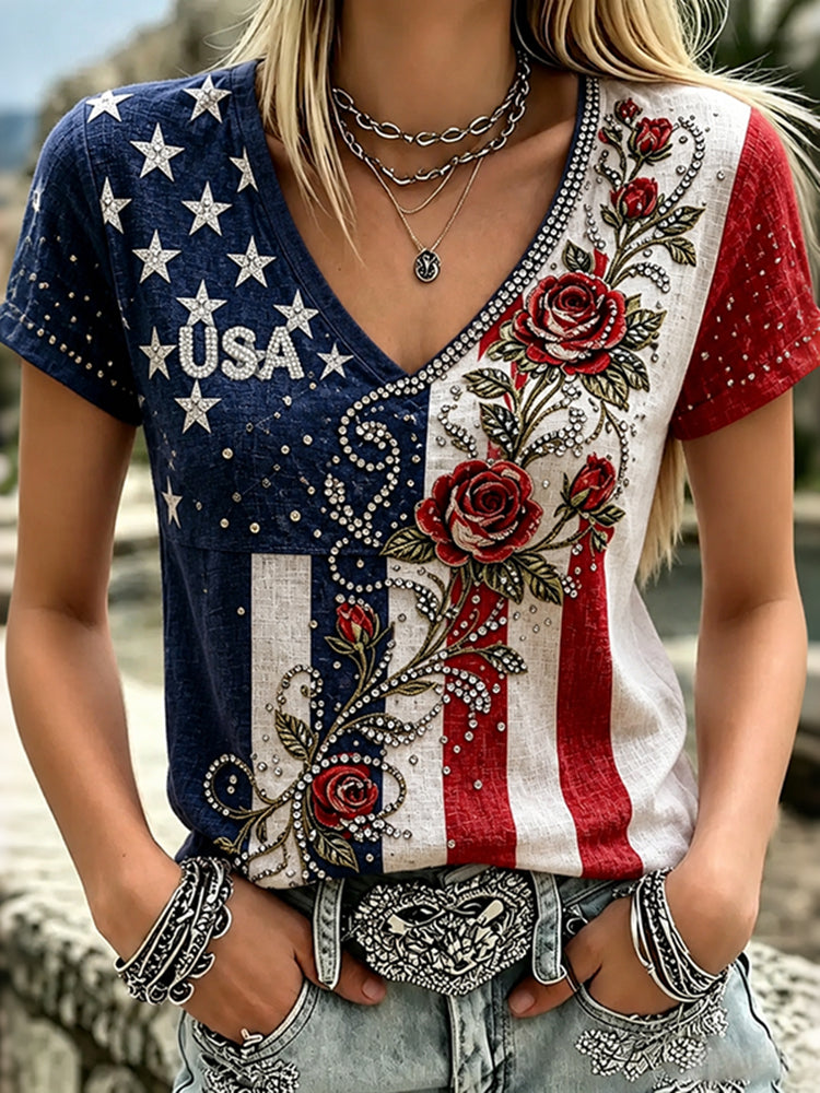 Women's American Flag And Floral Sequin Art Casual V-neck Short Sleeve Top