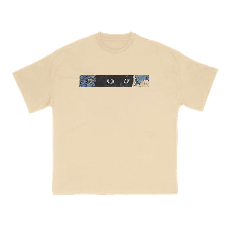 Black Cat In Flower Field Print T-shirt