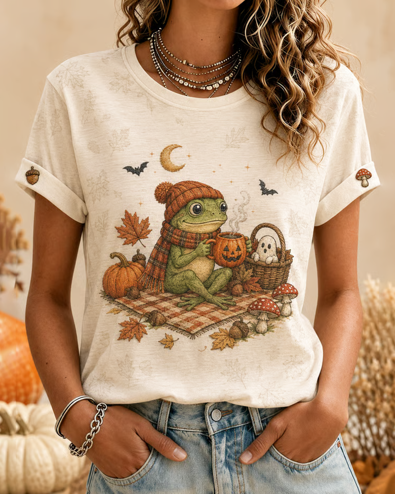 Women's Retro Frog and Pumpkin Print T-Shirt