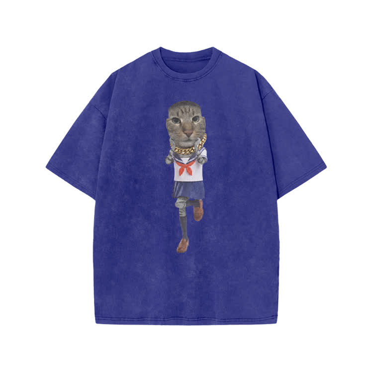 Playful Street Sailor Cat Graphic Print Acid Washed T-shirt