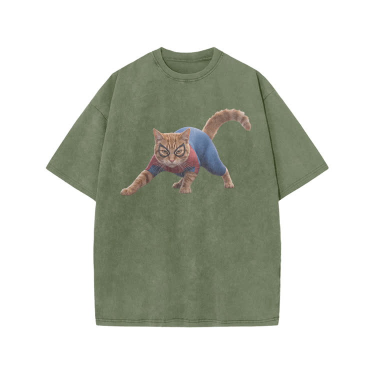 Vintage Hero Cat Graphic Print Acid Washed T-shirt