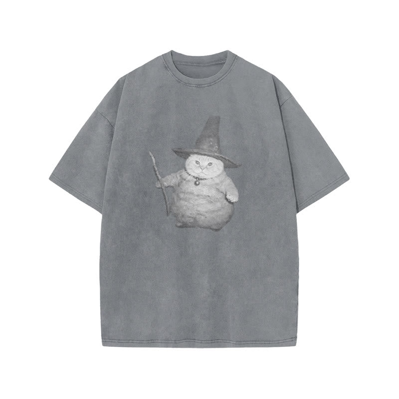 Unisex Wizard Cat Print Acid Washed T-shirt
