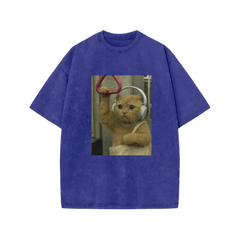 Unisex Cat Riding The Subway Print Acid Washed T-shirt