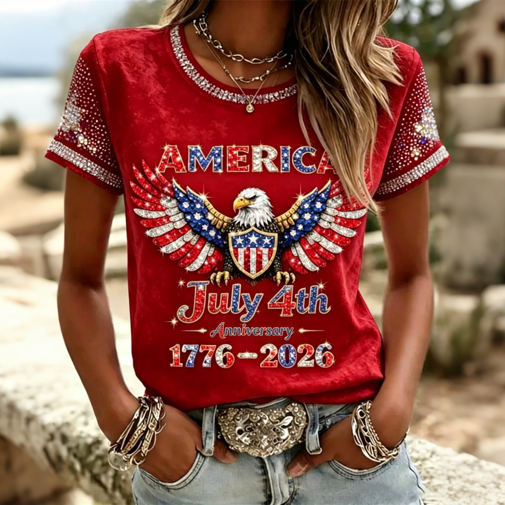Women's American Anniversary Hot Drill Design T-shirt