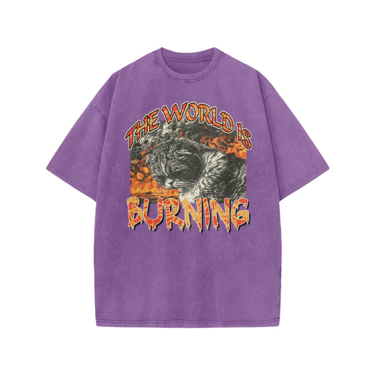 Punk Inspired Burning Cat Graphic Print Acid Washed T-shirt