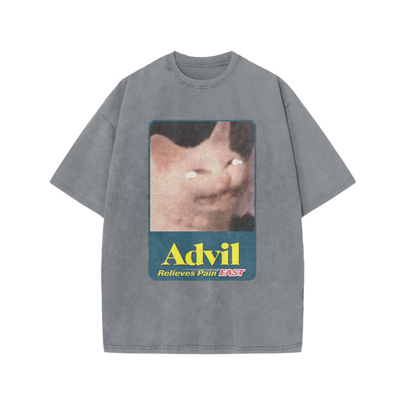 Relieves Pain Fast Crying Cat Funny Print Acid Washed T-shirt