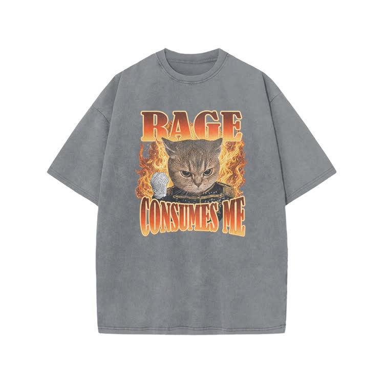 Vintage Washed Rage Consumes Me Cat Graphic Print Acid Washed T-shirt