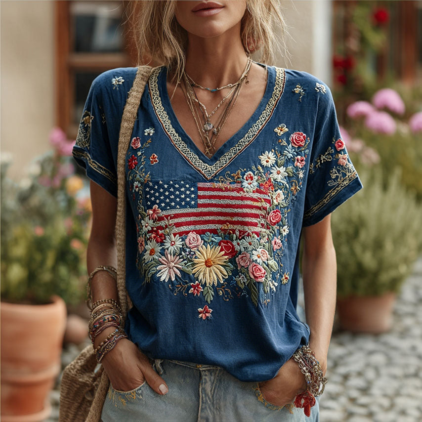 Women's Retro Independence Day Flag Floral Embroidery Cotton Linen T-shirt
