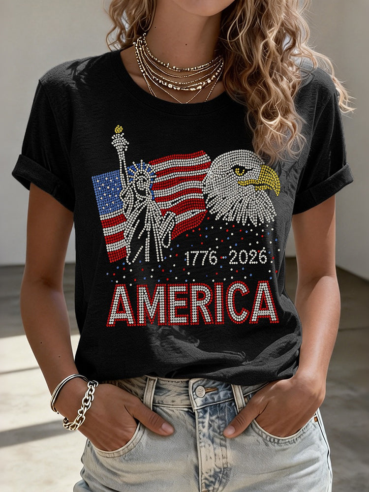 Women's American Flag And Eagle Rhinestone Pattern Casual T-shirt