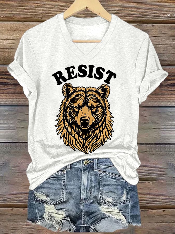 Women's Resist Bear Printed V Neck T-shirt
