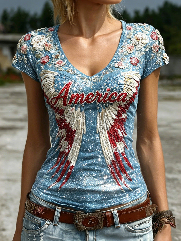 Women's Retro Independence Day Flag Wings Rhinestone Embroidered T-shirt