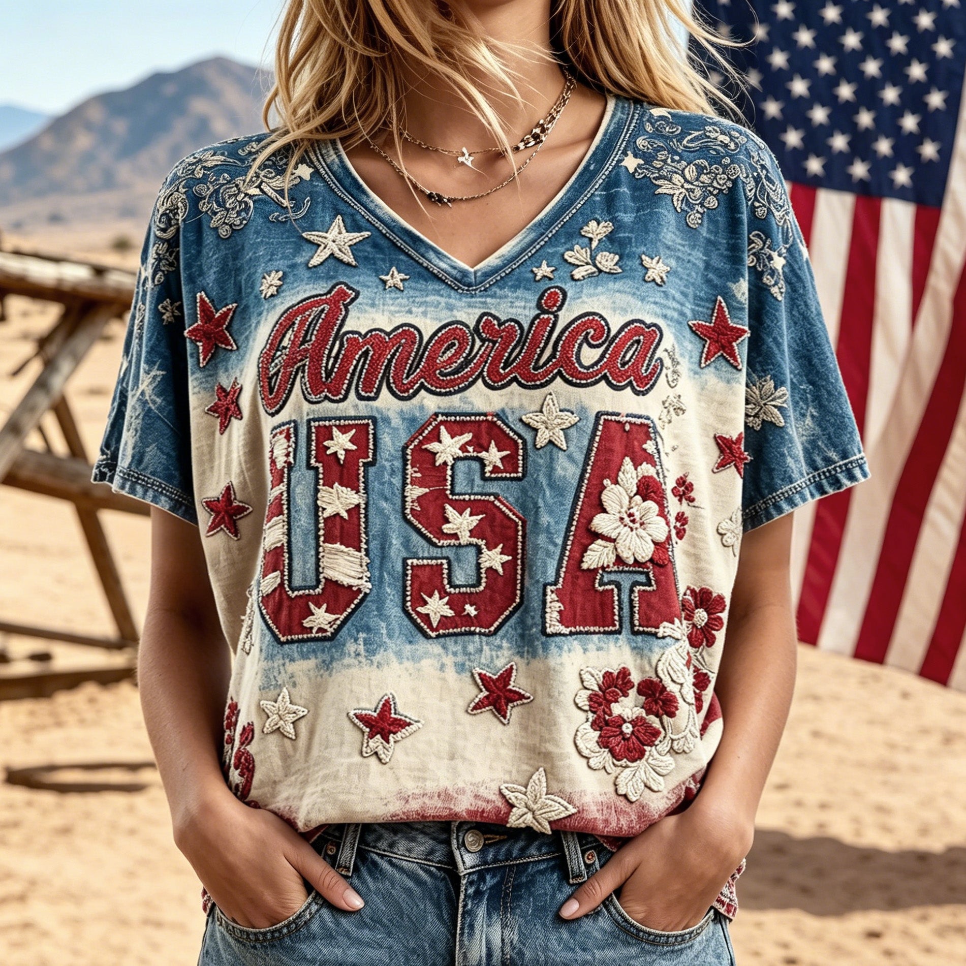 Women's Retro American Flag Floral Print Cotton Linen Comfortable V-neck T-shirt