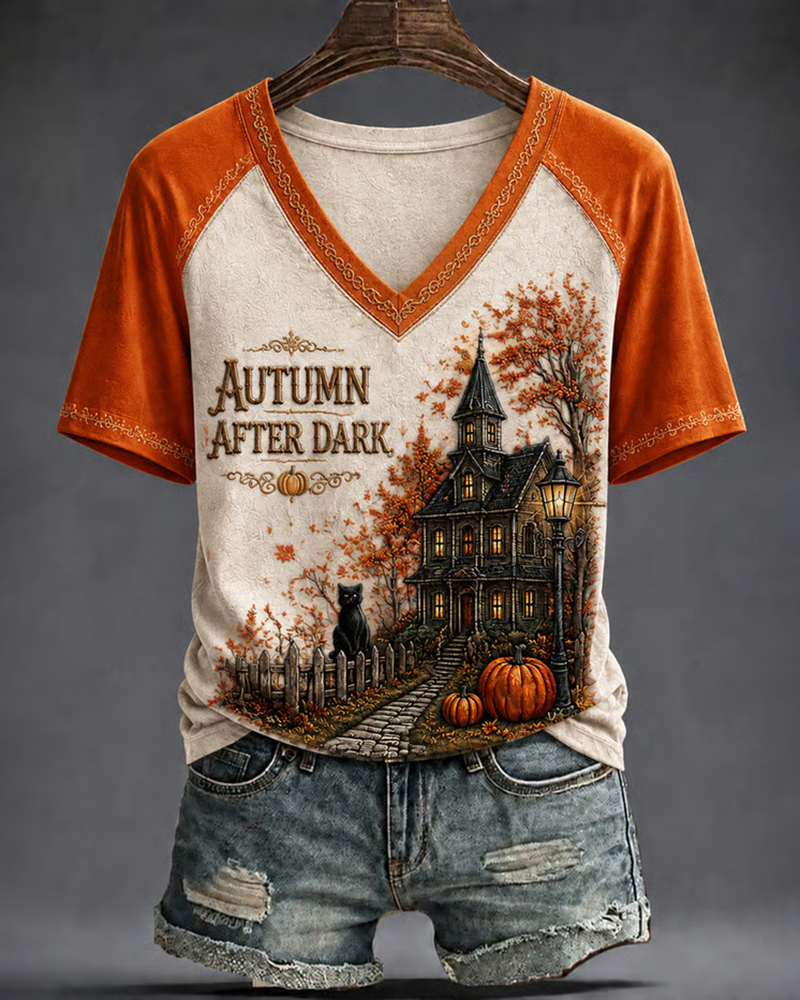 Women's Halloween Castle Cat Print T-Shirt