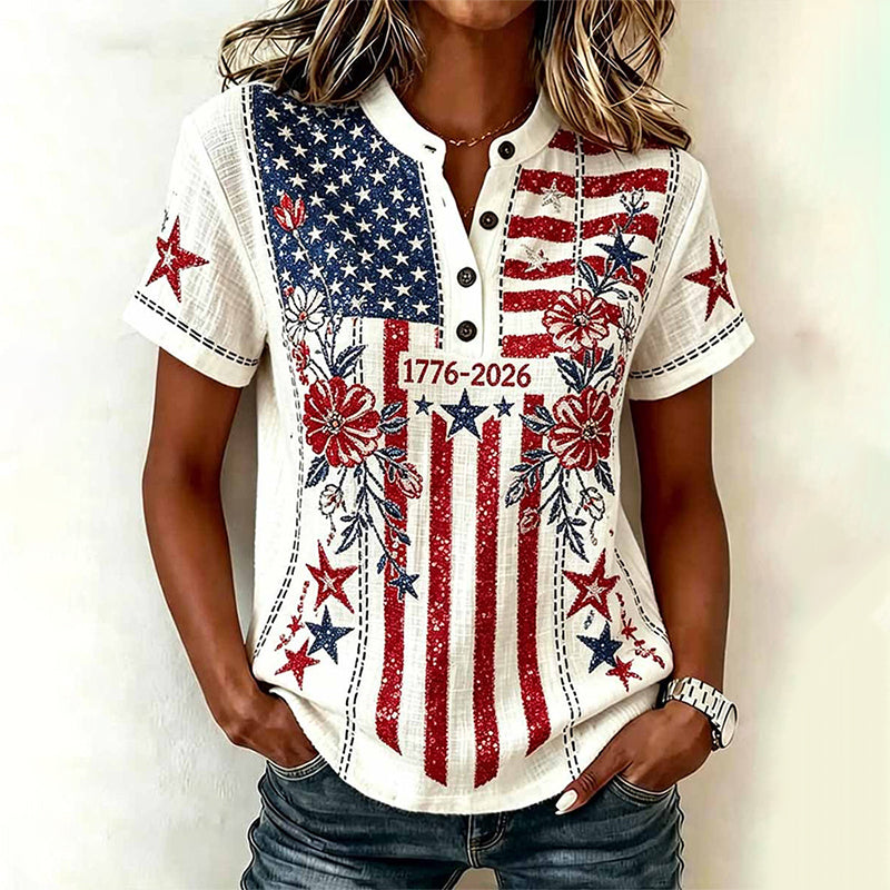 Women's Retro Floral Flag Embroidered Print Linen T-shirt