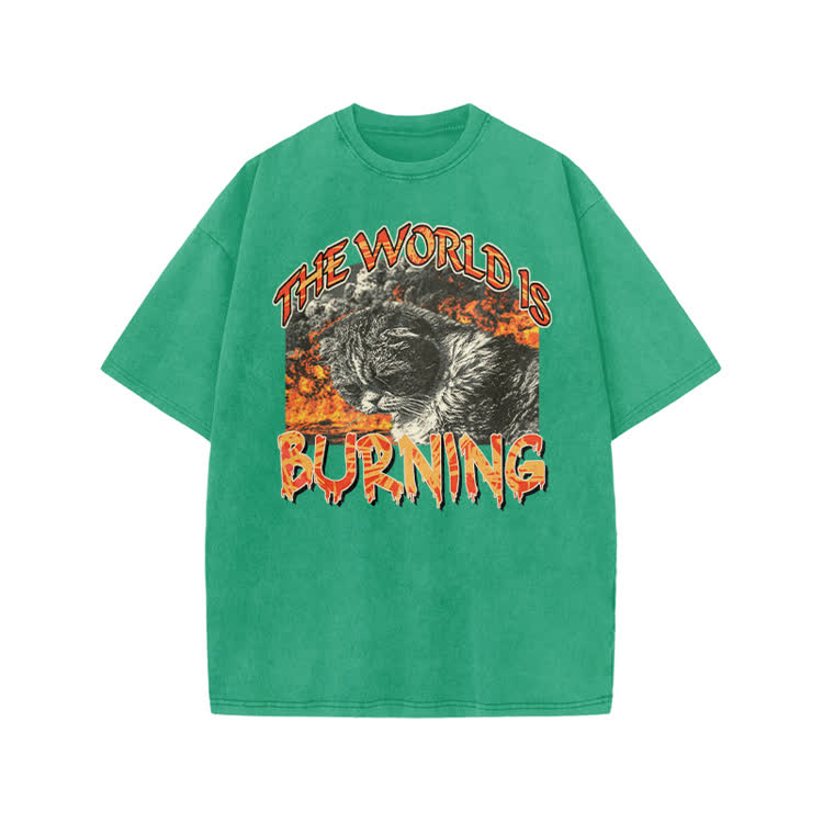 Punk Inspired Burning Cat Graphic Print Acid Washed T-shirt