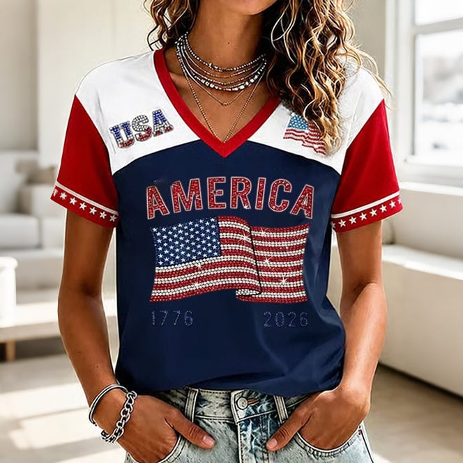 Women's Independence Day Flag Art V-neck Short Sleeve T-shirt