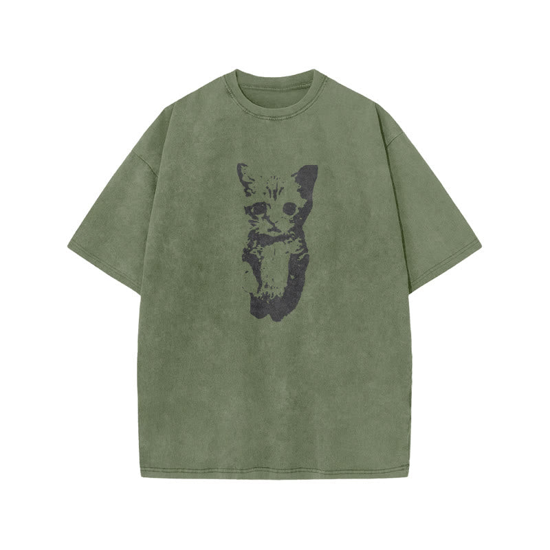 Unisex Cute Cat Print Acid Washed T-shirt