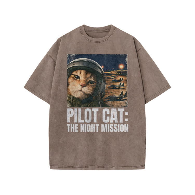 Retro Night Mission Pilot Cat Graphic Print Acid Washed T-shirt