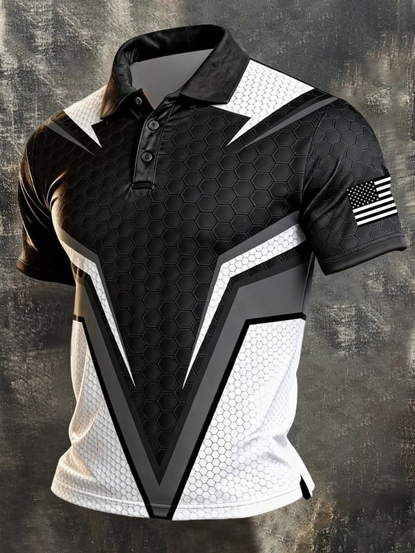 Men's Vintage Patriotic Color Block Geometric Short Sleeve Polo Shirt