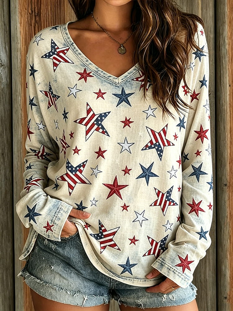 Retro American Flag Element Pattern Design Women's Casual Washed Long Sleeve T-shirt