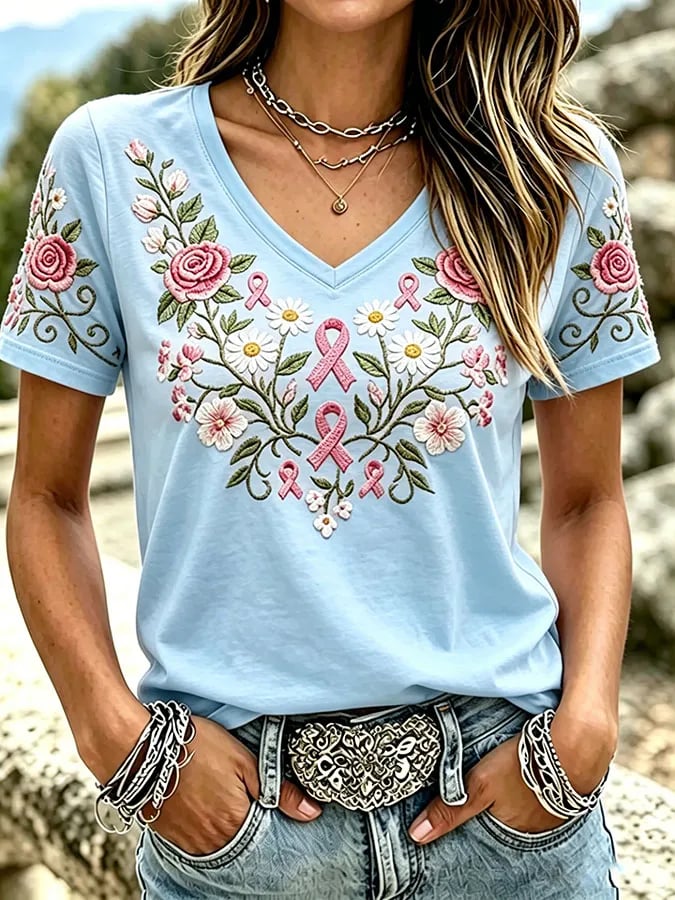 Women's Breast Cancer Awareness Printed Casual T-Shirt