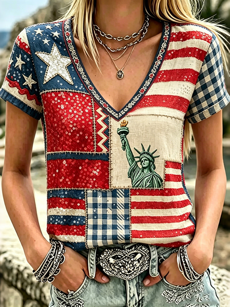 Women's American Flag And Floral Art Sequin Patchwork Casual V-neck Short Sleeve Top
