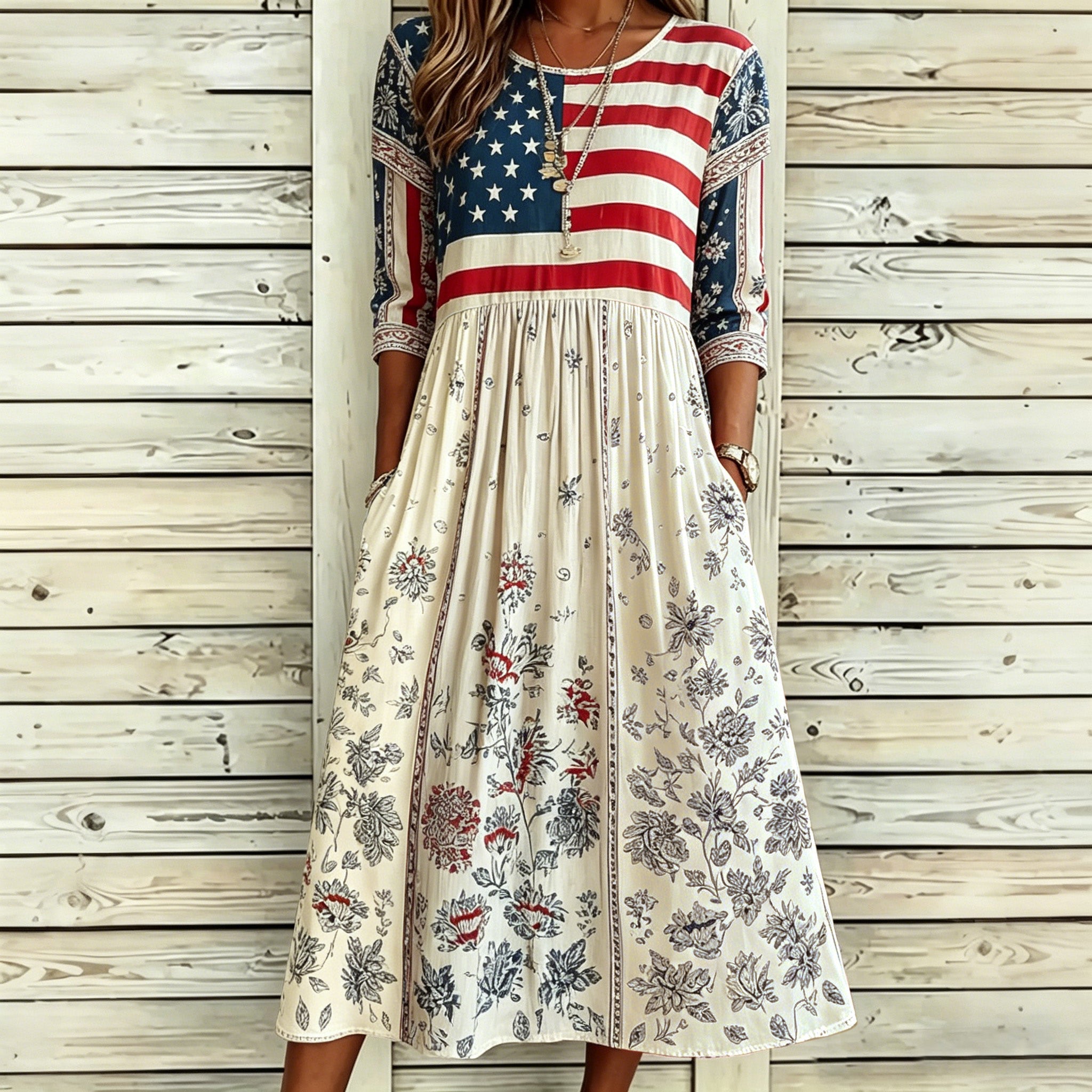 Women's Independence Day Flag And Floral Art Print Cotton Linen Casual Maxi Dress