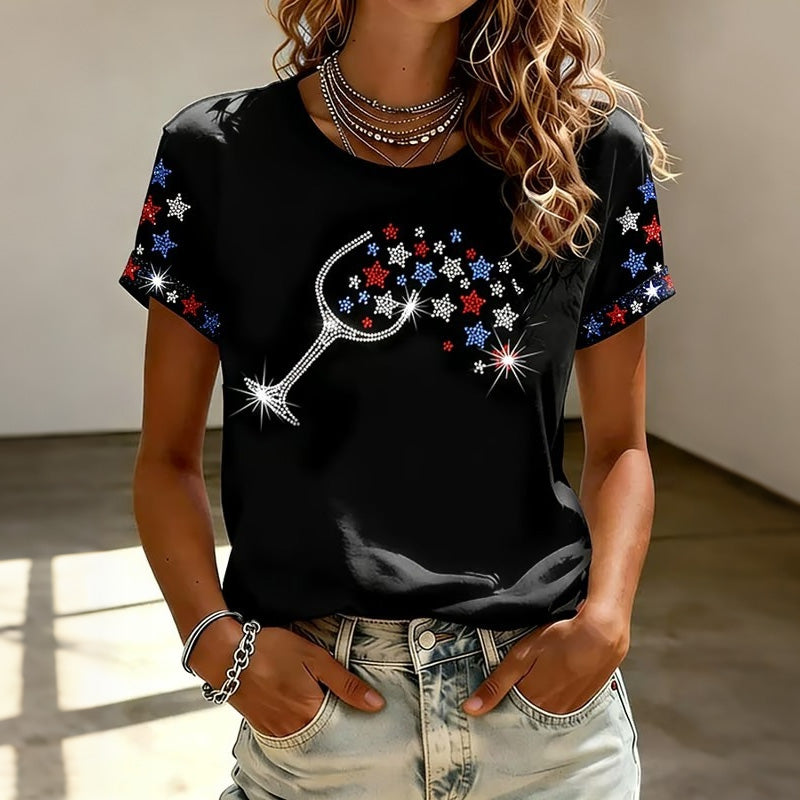 Women's Independence Day Wine Glass Art Crew Neck Short Sleeve T-shirt