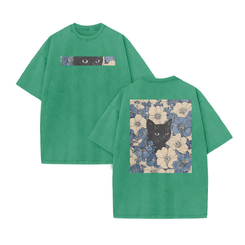 Black Cat In A Patchwork Flower Field Print Acid Washed T-shirt