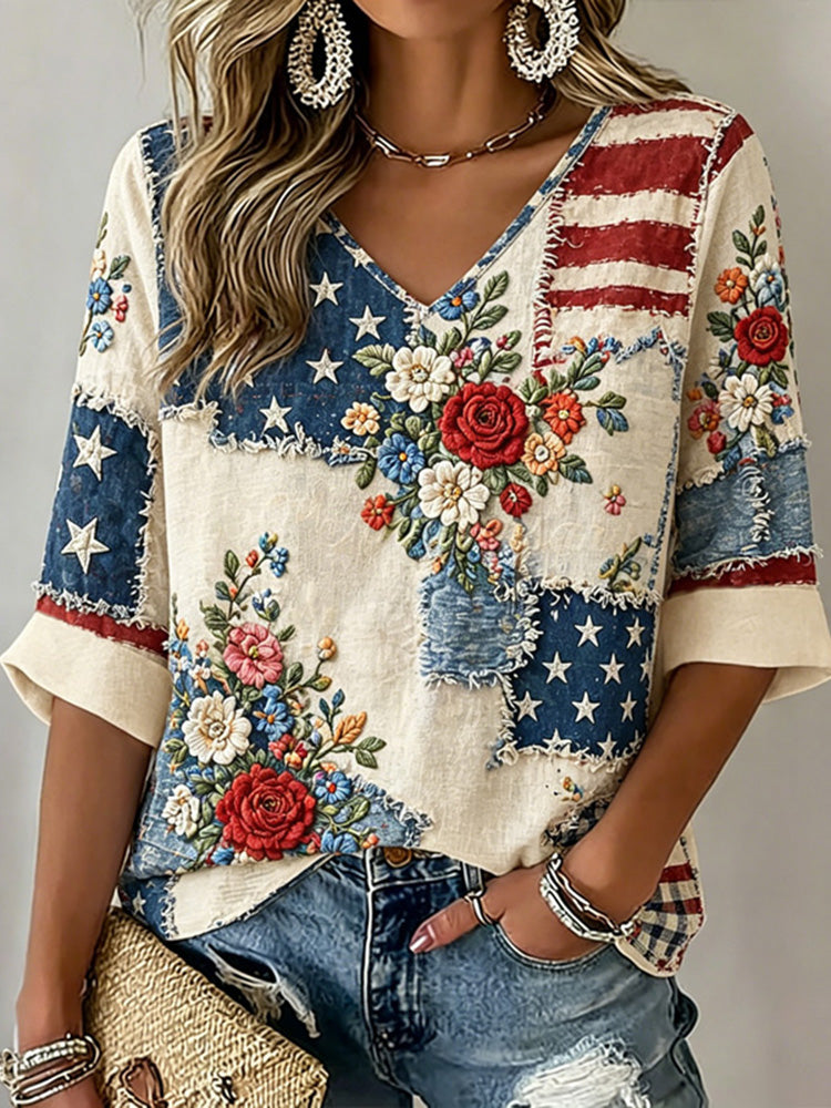 Women's Vintage Independence Day Flag Flower Art Print V-neck T-shirt