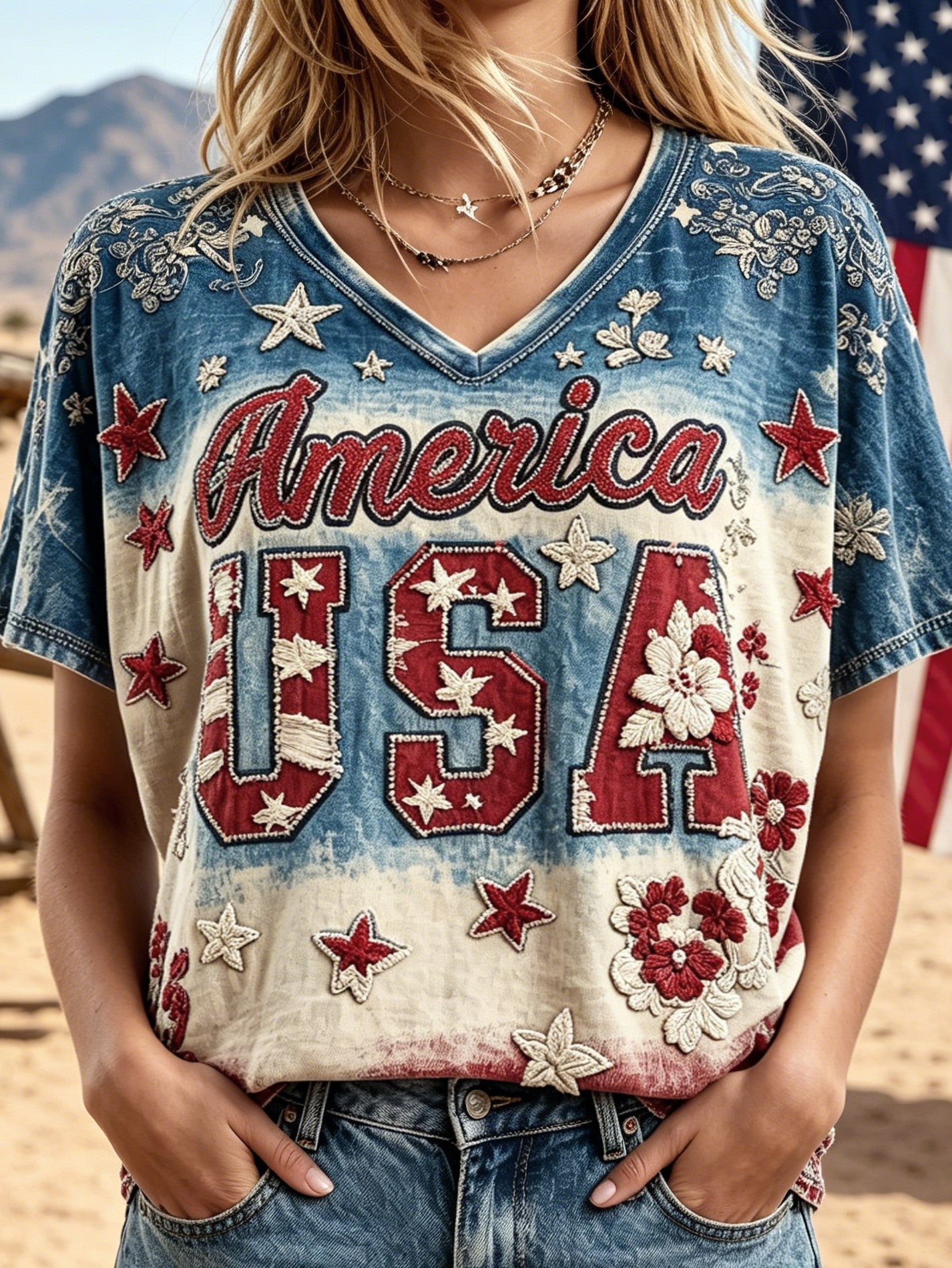 Women's Retro American Flag Floral Print Cotton Linen Comfortable V-neck T-shirt