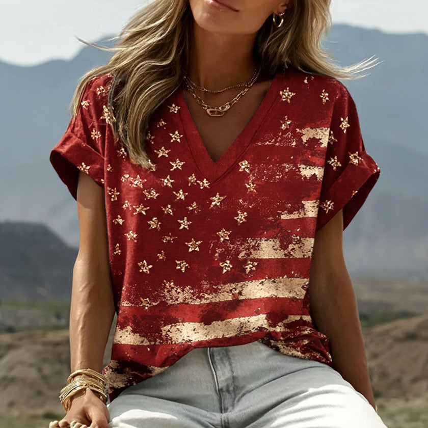 Women's Retro Independence Day Star-shaped Sequin Print T-shirt