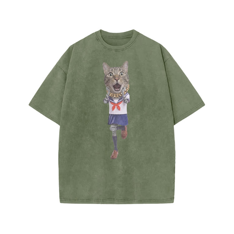 Playful Sailor Cat Graphic Print Acid Washed T-shirt