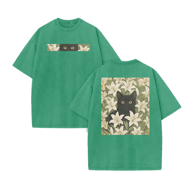 A Black Cat In A Field Of White Lilies Print Acid Washed T-shirt