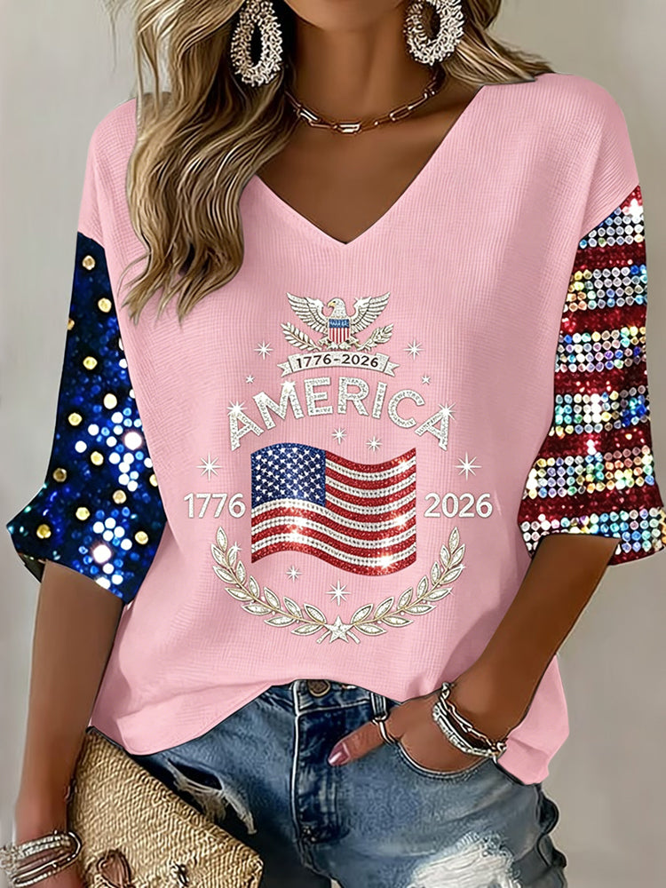 Women's Flag Art Three-quarter Sleeve V Neck Linen Tops