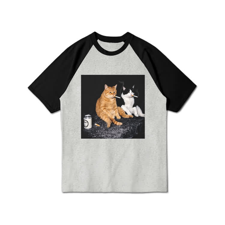Vintage Smoking Cats Graphic Print Raglan Sleeve T-Shirt