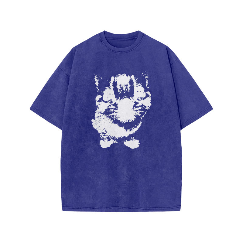 Cute Cat Silhouette Print Acid Washed T-shirt