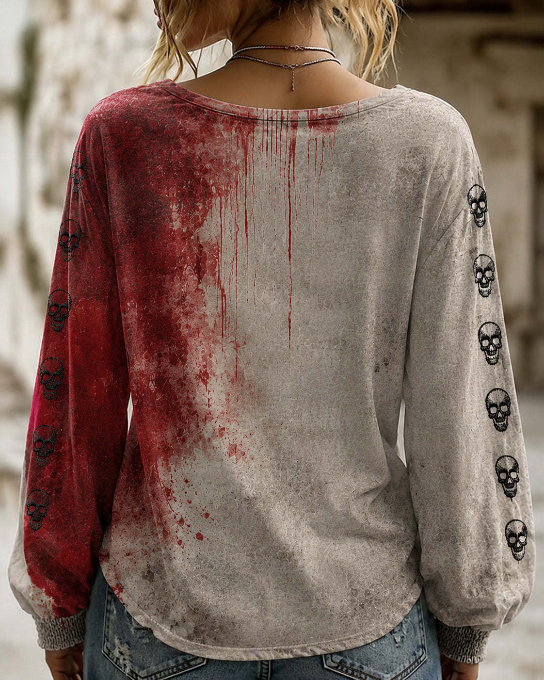Blood I'm Fine Halloween Printed Round Neck Puff Sleeves Blouse