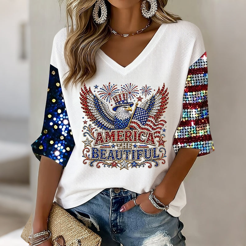Women's Retro Independence Day Flag And Eagle Art Three-quarter Sleeve V Neck Linen Tops