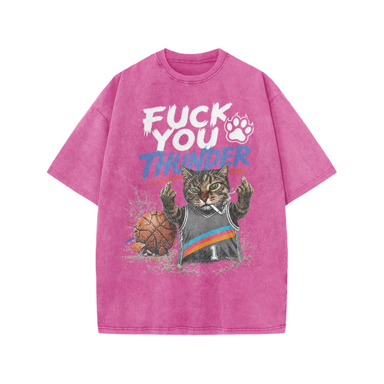 Vintage Cat Basketball Graphic Print Acid Washed T-shirt