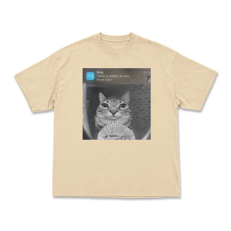 Casual Cat Doorbell Graphic Crew Neck T Shirt