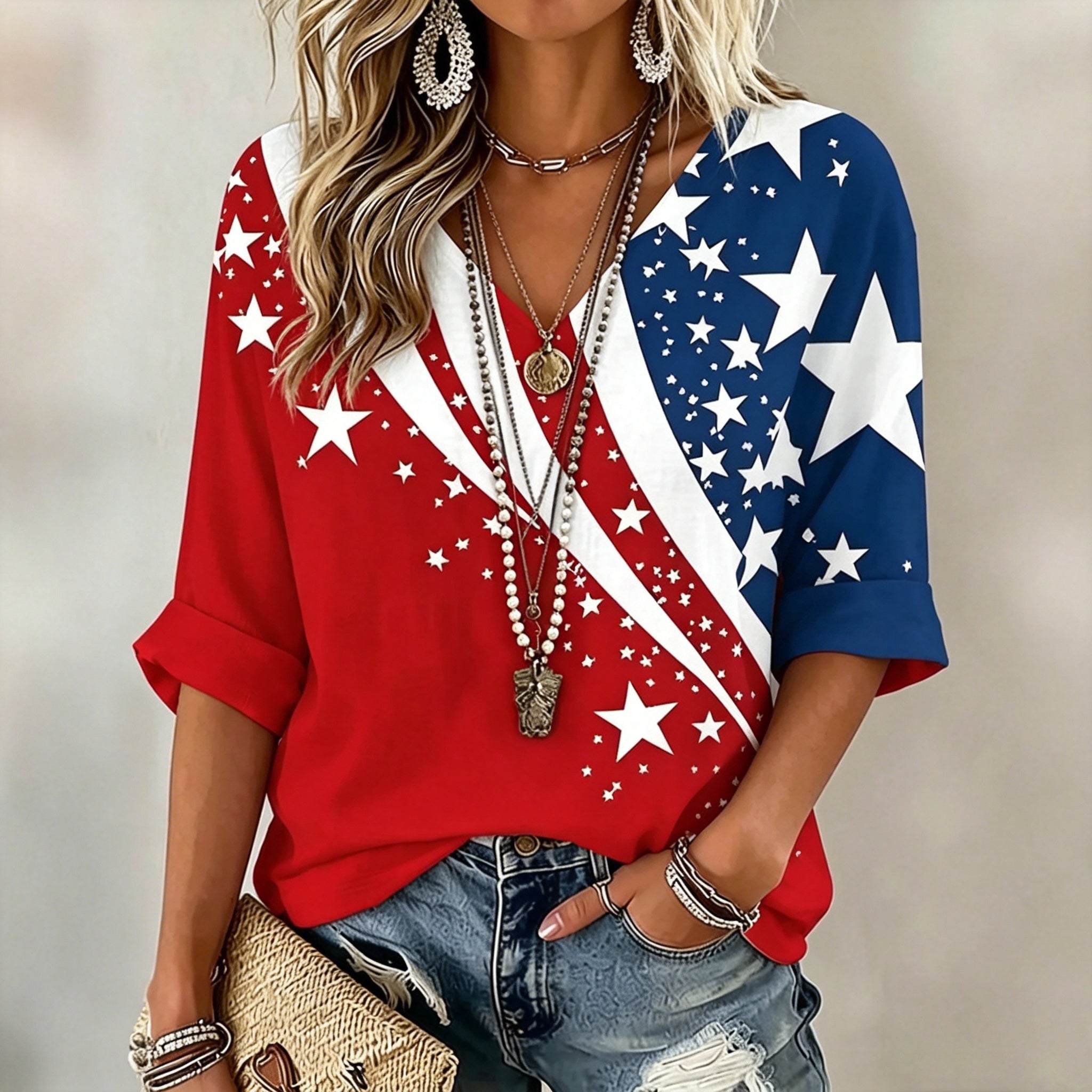 Women's  Flag Art Three-quarter Sleeve V Neck Linen Tops