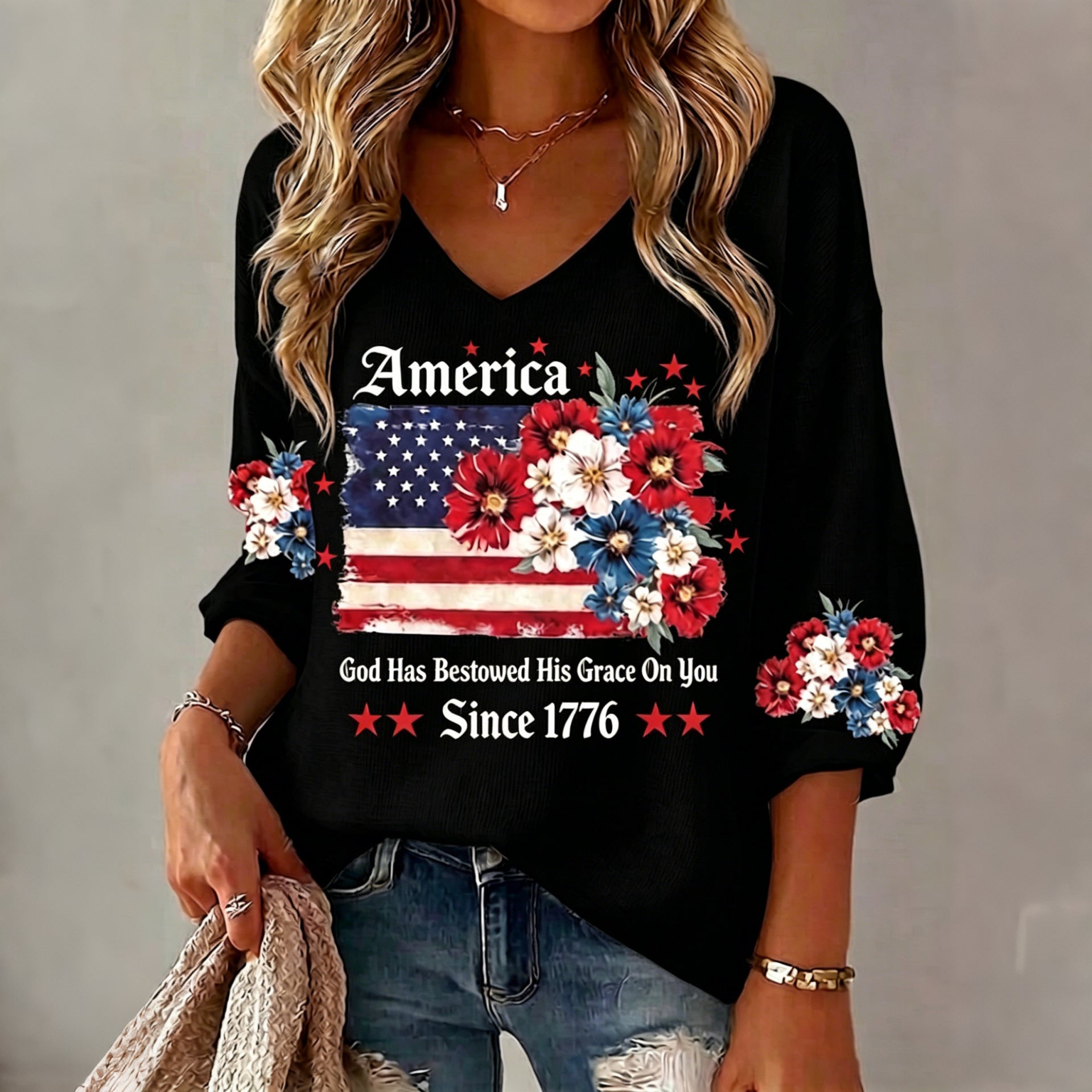 Women's Anniversary National Flag Floral Print Waffle Long Sleeve T-shirt