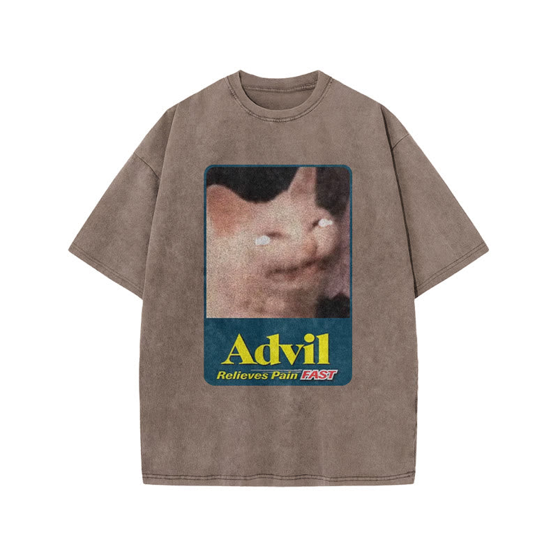 Relieves Pain Fast Crying Cat Funny Print Acid Washed T-shirt