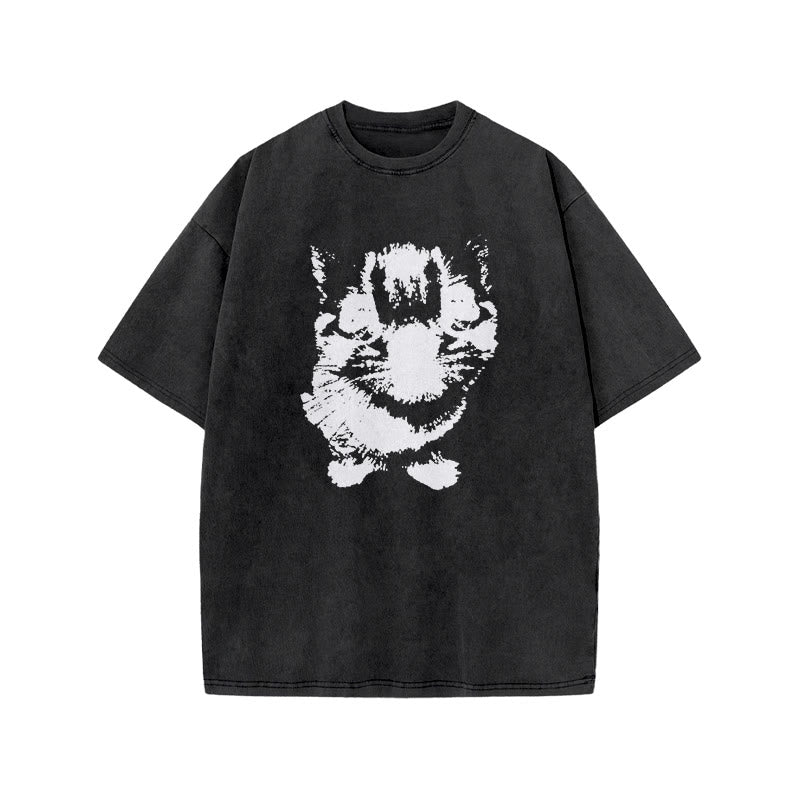 Cute Cat Silhouette Print Acid Washed T-shirt